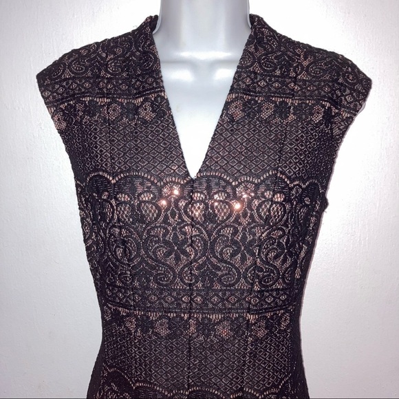 Chetta B Black Lace Rose Gold Sequin Sleeveless V neck Dress 8 - Picture 2 of 8
